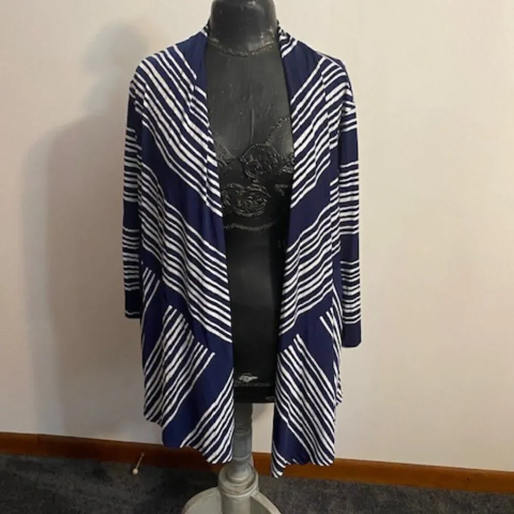 Susan Graver Blue/White stripe Liquid Knit 3/4 sleeves open cardigan, size 1X - Picture 1 of 3